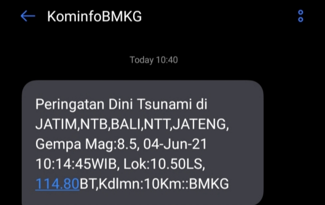 BMKG : SMS Peringatan Dini Tsunami & Gempa Bumi M 8,5 Tidak Benar